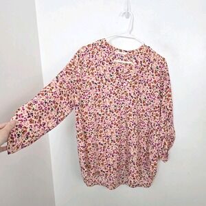 Lush Blush Pink Floral Roll Tab Sleeve Spring Cute Going Out Girly Blouse Size L